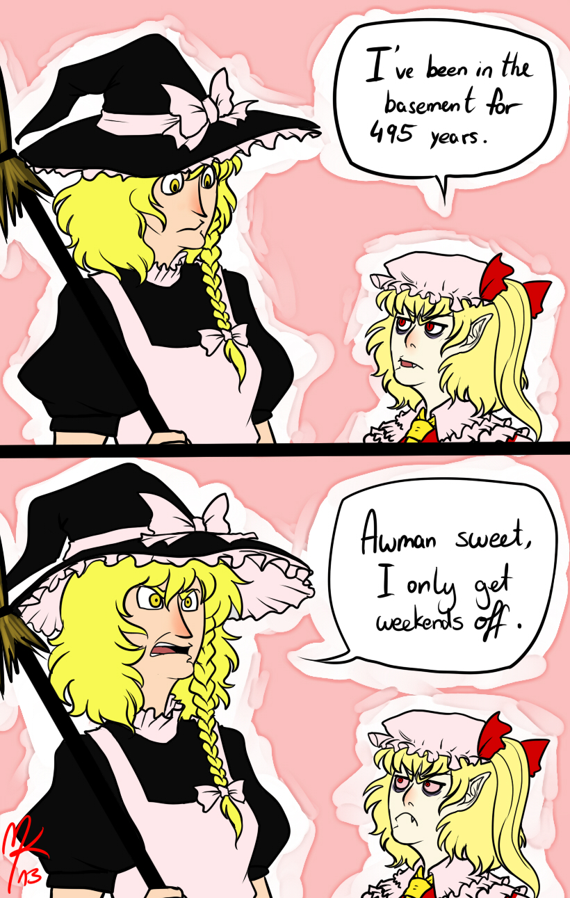 artist_request, blonde_hair, bow, braid, broom, comics, ears, english, flandre_scarlet, hat, kirisame_marisa, multiple_girls, open_mouth, red_eyes, ribbon, short_hair, teeth, touhou, yellow_eyes