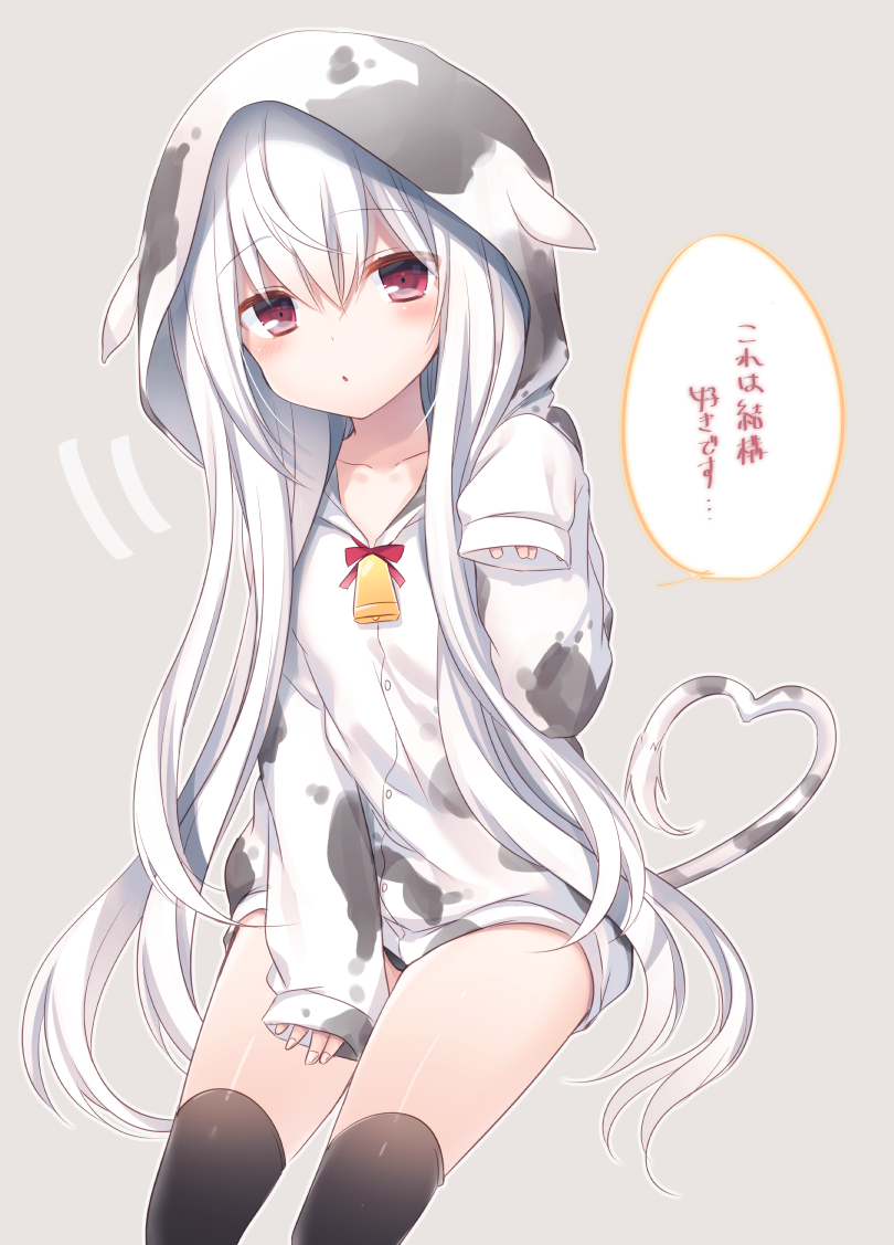 1girl, animal_hood, bell, black_legwear, blush, cow_bell, cow_hood, cow_tail