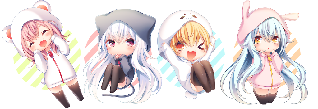 >_o, 4girls, :3, :d, ;3, ;d, ^_^, ameko_(kasu), animal_hood, bear_hood, bear_tail, black_legwear, blonde_hair, bunny_hood, bunny_tail, cat_hood, cat_tail, chibi, closed_eyes, hood, hoodie, kasako_(kasu), kasu_(return), multiple_girls, one_eye_closed, open_mouth, original, pink_hair, red_eyes, seal_hood, seal_tail, smile, tail, thigh-highs, white_background, white_hair, yellow_eyes