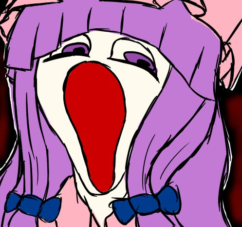 1girl, bow, creepy, koishi_adventure, open_mouth, parody, patchouli_knowledge, purple, scream, solo, touhou, wide-eyed