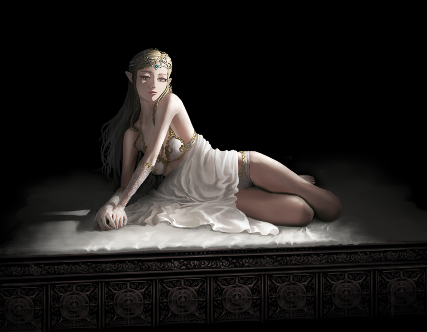 1girl, bed_sheet, blanket, blonde_hair, bra, closed_mouth, dark, doora_(dora0913)