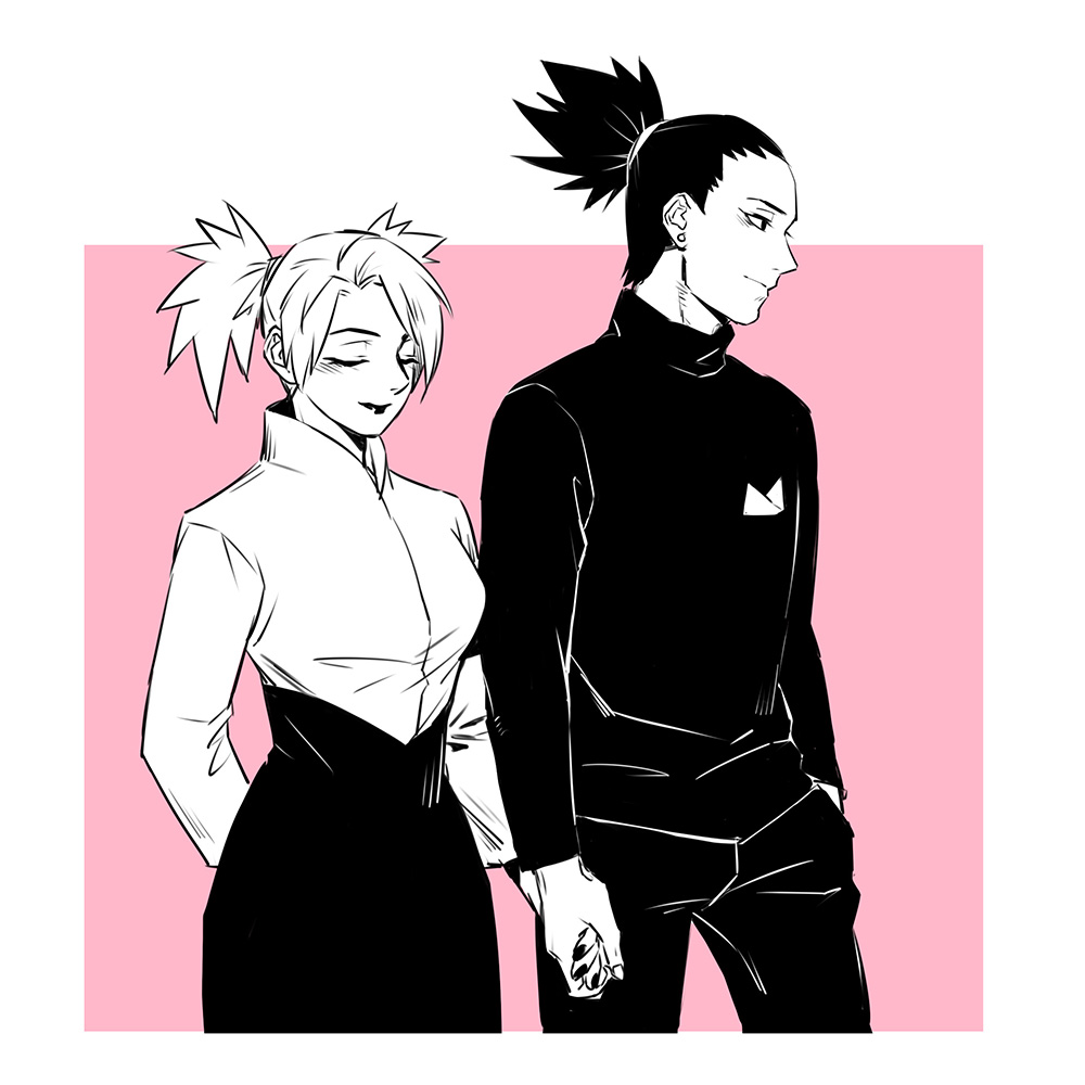 1boy, 1girl, heise_wanbaolu, holding_hands, long_hair, nara_shikamaru, naruto, naruto:_the_last