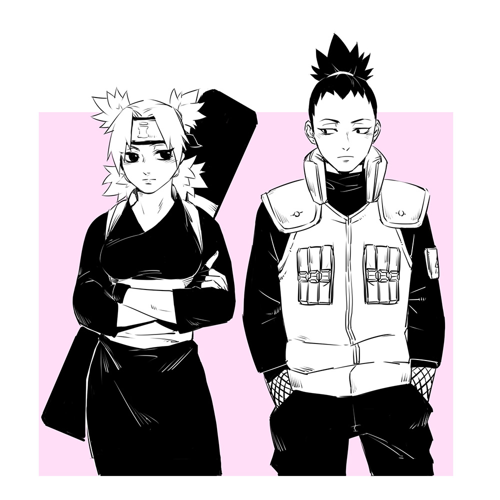 1boy, 1girl, heise_wanbaolu, long_hair, nara_shikamaru, naruto, naruto_shippuuden, ponytail