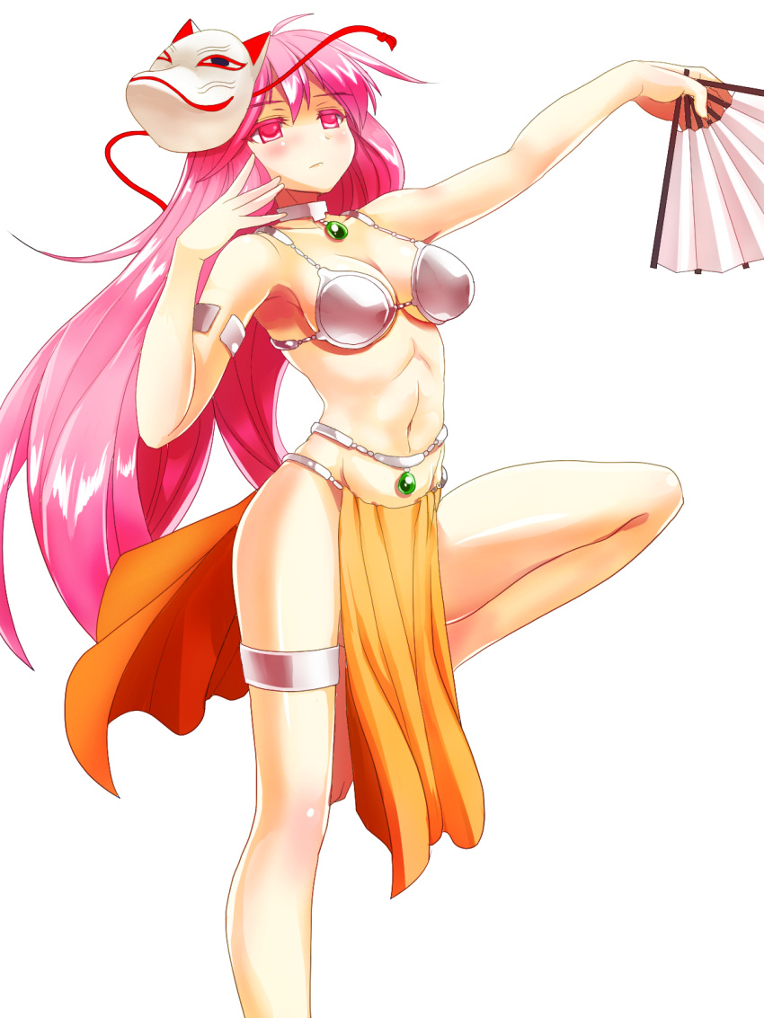 1girl, alternate_costume, breasts, choker, cleavage, cosplay, dancer's_costume_(dq), dancing, dragon_quest, dragon_quest_iv, face_mask, fan, folding_fan, fox_mask, harem_outfit, hata_no_kokoro, highres, jewelry, large_breasts, long_hair, manya, manya_(cosplay), mask, metal_bikini, mono_(moiky), navel, pendant, pink_eyes, pink_hair, solo, standing_on_one_leg, touhou, very_long_hair