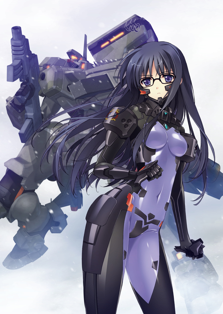 1girl, assault_rifle, black_hair, bodysuit, carnelian, clenched_hand, covered_navel, german