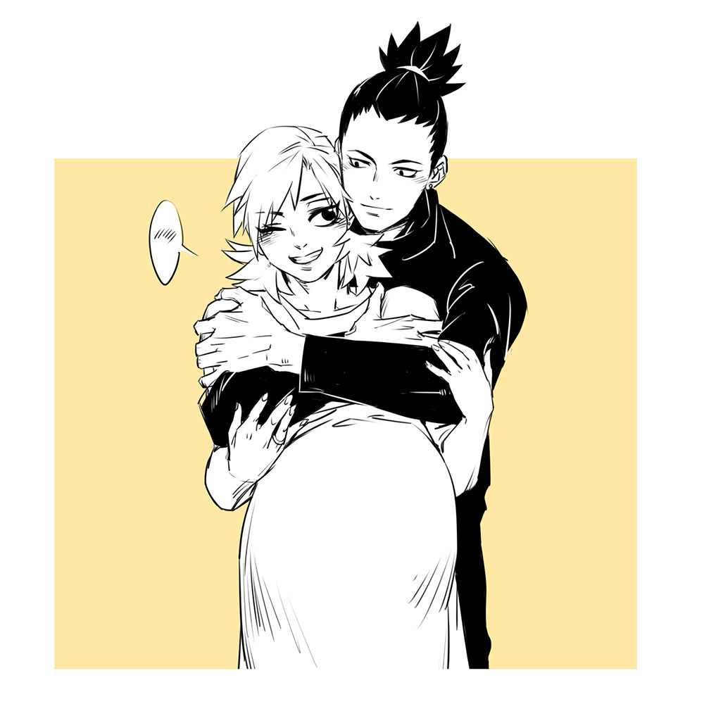 1boy, 1girl, black_hair, blush, couple, earrings, grin, heise_wanbaolu, hetero, hug, hug_from_behind, husband_and_wife, jewelry, long_hair, monochrome, nara_shikamaru, naruto, one_eye_closed, ponytail, pregnant, smile, temari