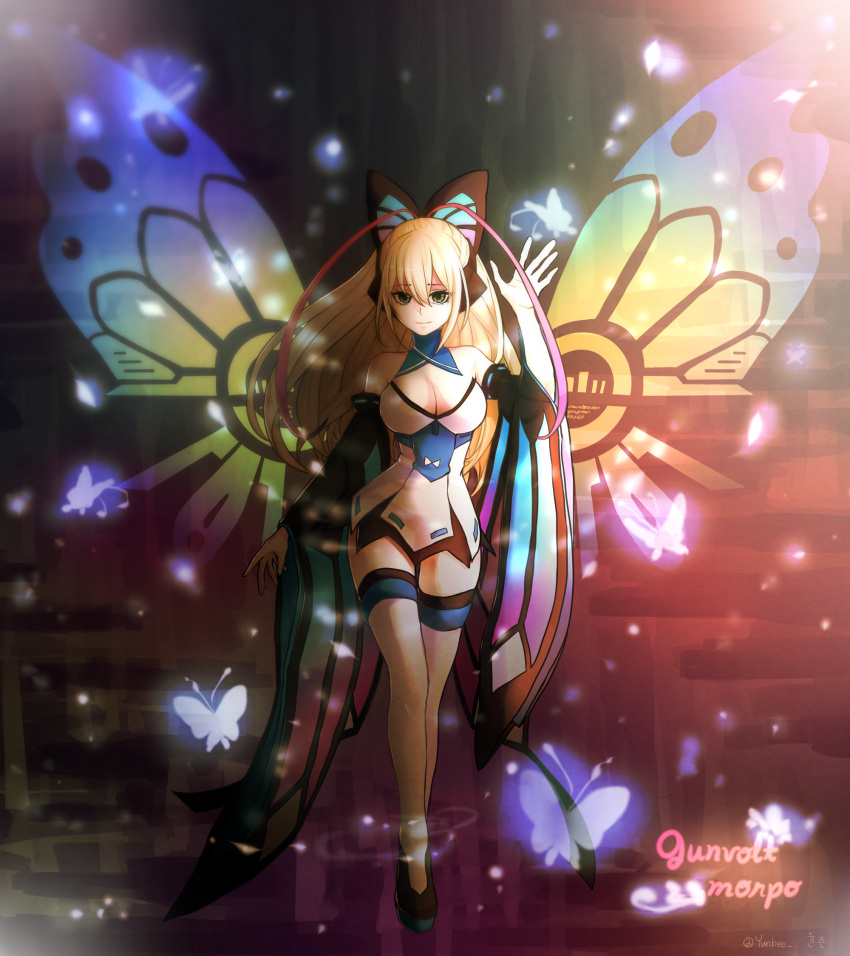 1girl, azure_striker_gunvolt, bare_shoulders, blonde_hair, breasts, butterfly_hair_ornament, cleavage, detached_sleeves