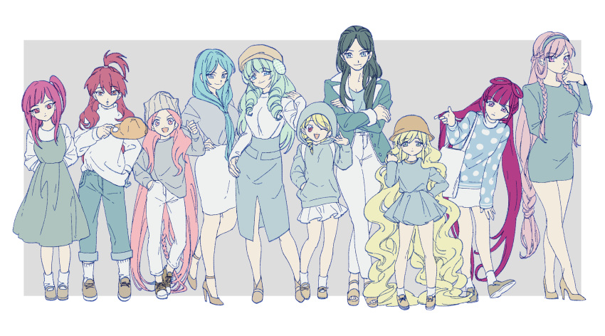 6+girls, :d, ;d, absurdly_long_hair, alternate_costume, aqua_hair, arms_behind_back, bag