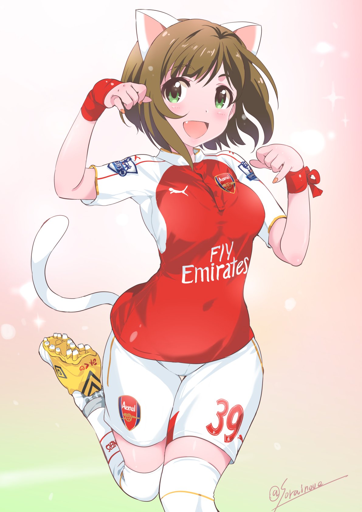 1girl, animal_ears, arsenal_fc, brown_hair, cat_ears, cat_tail, cleats, fang