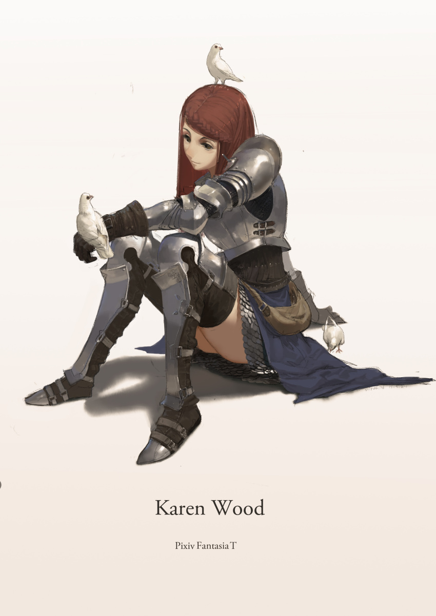 1girl, absurdres, animal_on_head, arm_support, armor, armored_boots, armored_dress, artist_name