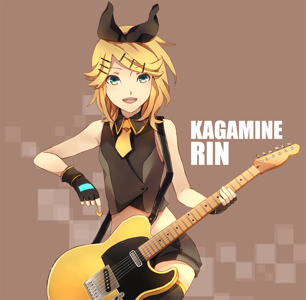 1girl, blonde_hair, guitar, hair_ornament, hair_ribbon, instrument, jiman, kagamine_rin