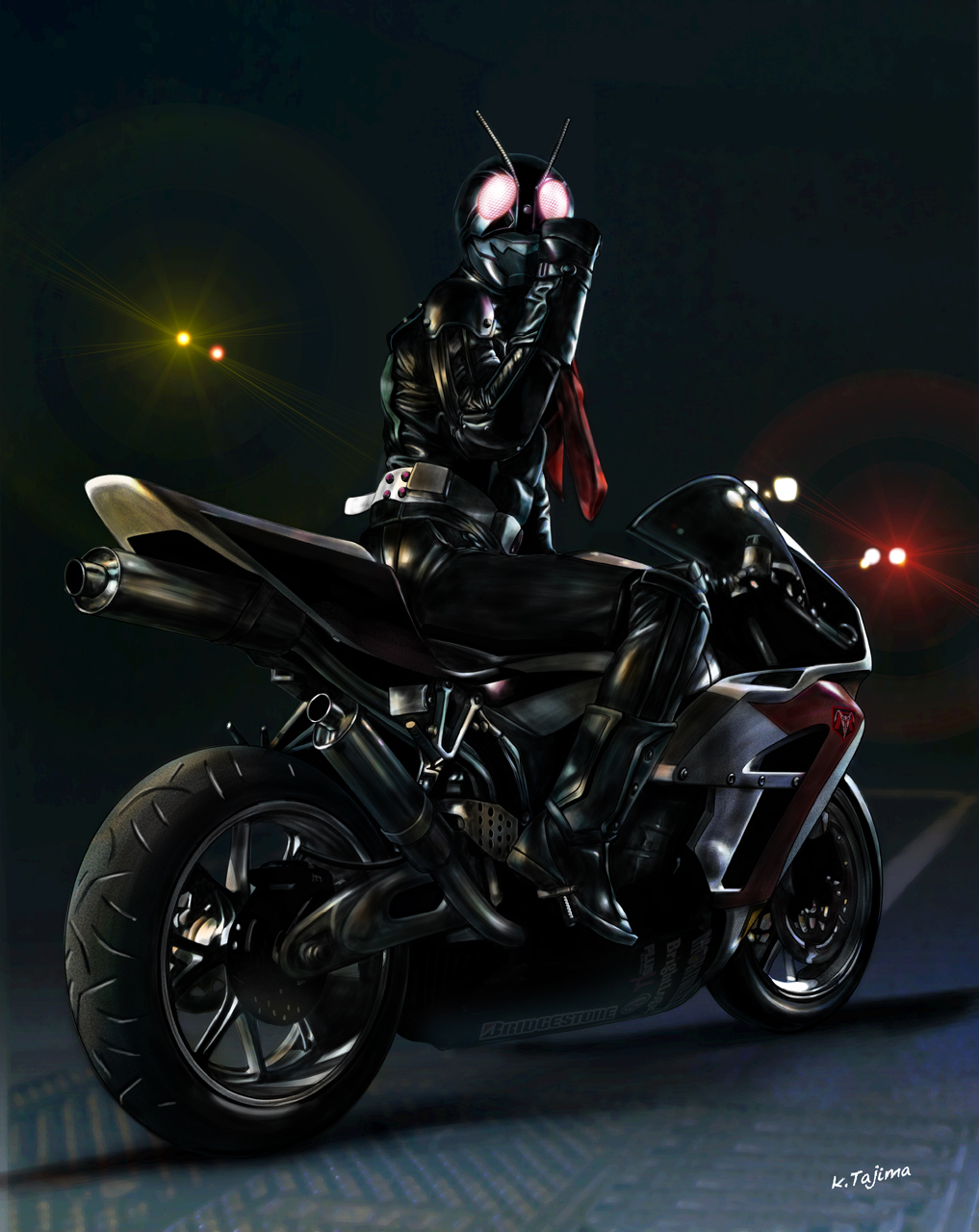 1boy, antennae, artist_name, belt, boots, bridgestone, commentary_request, dark_background, dias-tajima, gloves, glowing, glowing_eyes, highres, kamen_rider, kamen_rider_1, kamen_rider_the_first, lights, long_sleeves, looking_at_viewer, looking_back, male, male_focus, motor_vehicle, motorcycle, scarf, sitting, solo, vehicle