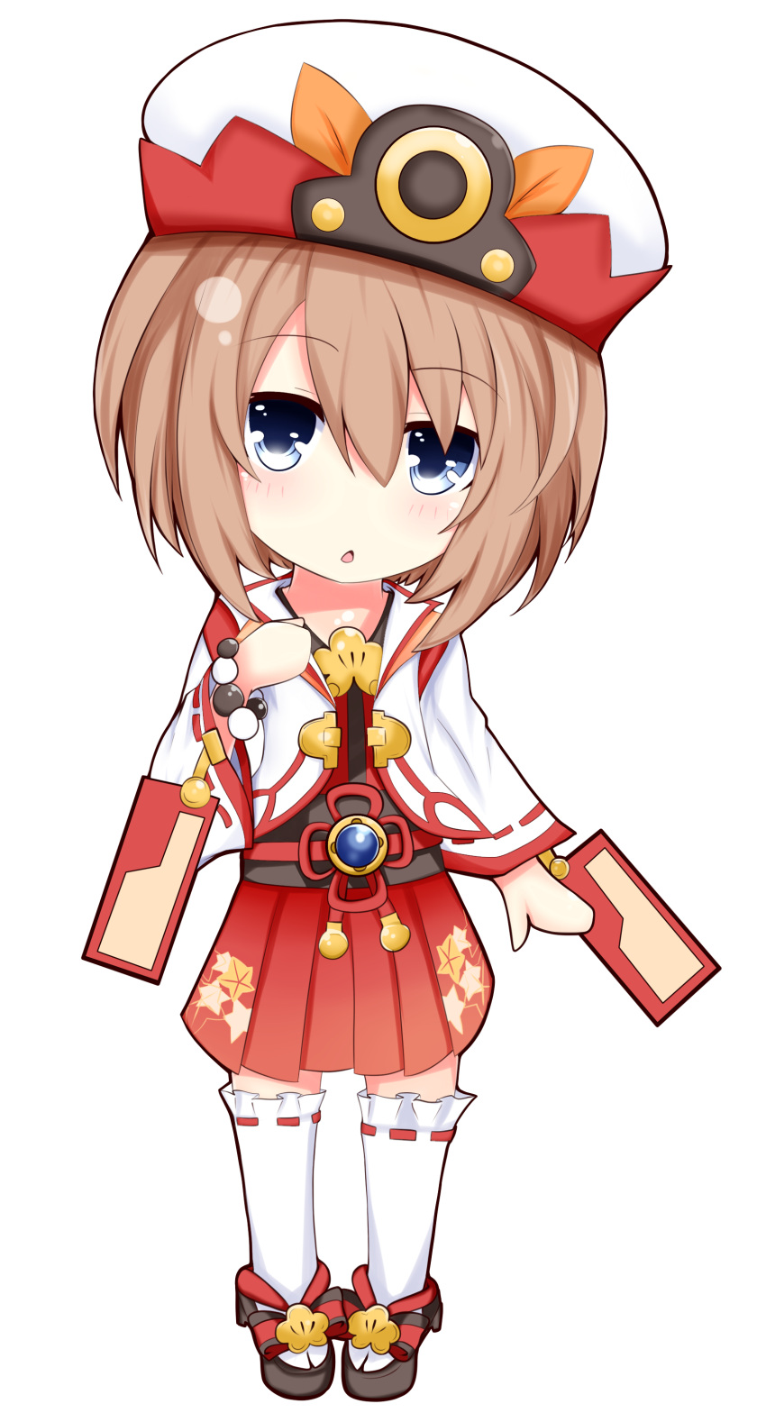 1girl, absurdres, bangs, beads, blanc, blue_eyes, blush, brooch, brown_hair, chibi, choujigen_game_neptune, floral_print, full_body, geta, hair_between_eyes, haru_blanc0316, hat, highres, japanese_clothes, jewelry, leaf_print, long_sleeves, neptune_(series), nontraditional_miko, obi, pleated_skirt, prayer_beads, red_hat, red_ribbon, red_skirt, ribbon, ribbon-trimmed_legwear, ribbon-trimmed_sleeves, ribbon_trim, sandals, sash, short_hair, simple_background, skirt, socks, solo, tassel, white_background, white_hat