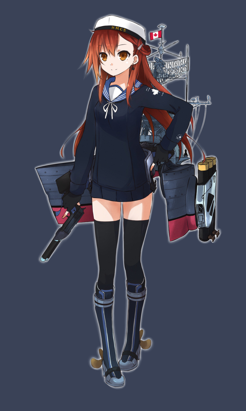 1girl, black_legwear, brown_hair, canada, commentary, highres, hmcs_haida, kantai_collection
