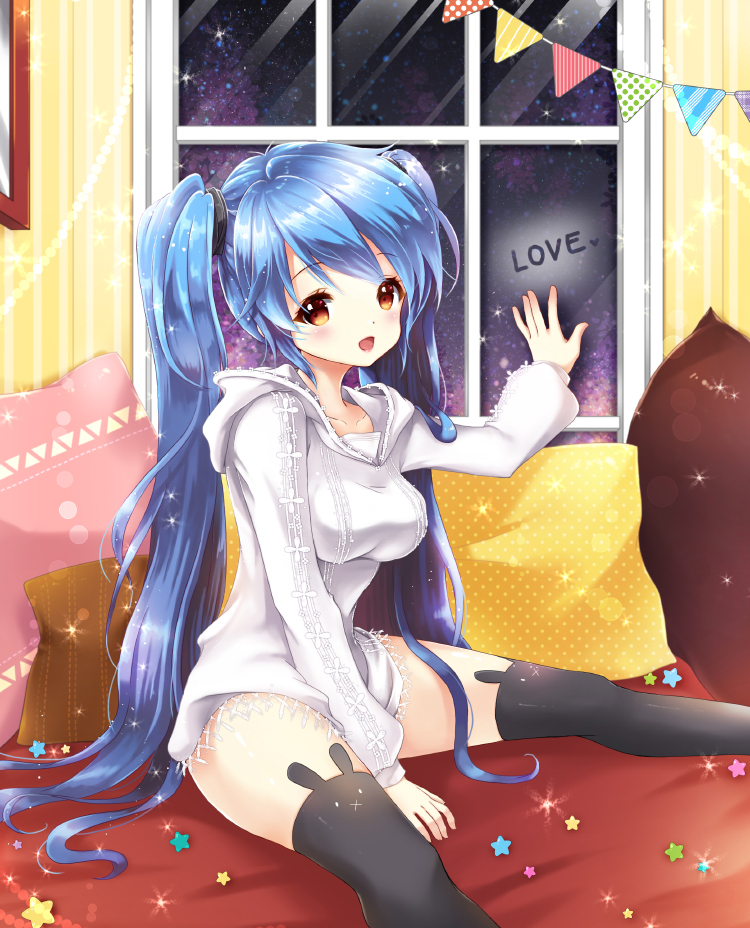 1girl, animal_band_legwear, bangs, between_legs, black_legwear, blue_hair, blurry, blush