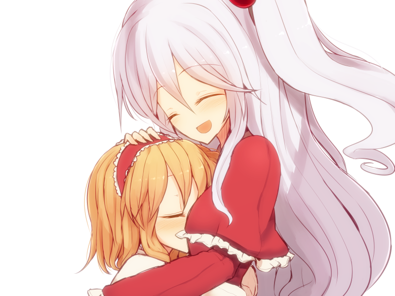 2girls, alice_margatroid, blonde_hair, closed_eyes, hair_bobbles, hair_ornament, hairband, kuresento