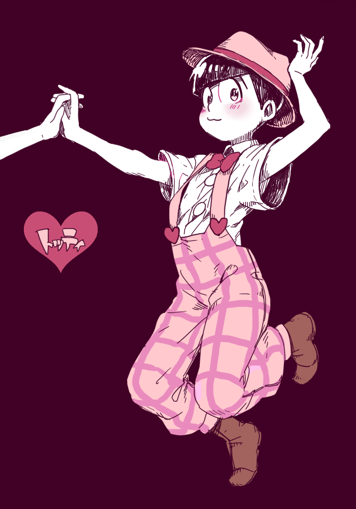 1boy, bowl_cut, bowtie, character_name, holding_hands, male_focus, matsuno_todomatsu, misoko_(misonamezizou), monochrome, osomatsu-kun, osomatsu-san, pants, plaid, plaid_pants, purple_background, simple_background, smile, solo, suspenders, zenryoku_batankyuu