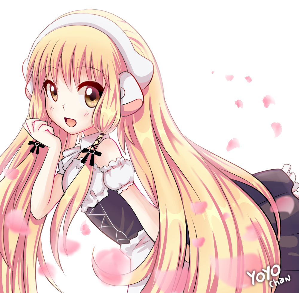 1girl, artist_name, blonde_hair, blurry, brown_eyes, chii, chobits, collar, depth_of_field, dress, from_side, hair_ribbon, hair_tubes, long_hair, open_mouth, petals, ribbon, robot_ears, smile, solo, strapless_dress, twintails, very_long_hair, yoyochaan