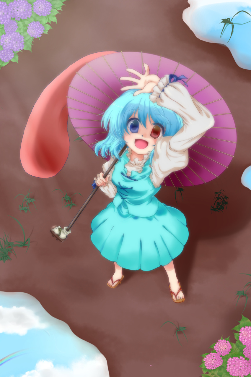 blue_hair, geta, heterochromia, highres, iwaserie, juliet_sleeves, karakasa_obake, long_sleeves