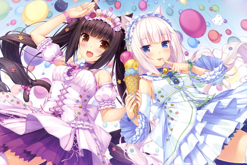 2girls, :3, :d, absurdres, animal_ears, balloon, bell, bell_collar, blue_eyes, blue_ice_cream, blush, brown_hair, cat_ears, chocola_(sayori), collar, corset, detached_sleeves, dress, finger_to_mouth, food, food_print, food_themed_clothes, happy, highres, ice_cream, ice_cream_cone, jingle_bell, long_hair, macaron, multiple_girls, nail_polish, nekopara, open_mouth, original, pink_hair, puffy_detached_sleeves, puffy_sleeves, sayori, siblings, sisters, smile, strawberry_ice_cream, tail, thigh-highs, triple_scoop, twintails, vanilla_(sayori), white_hair, yellow_ice_cream