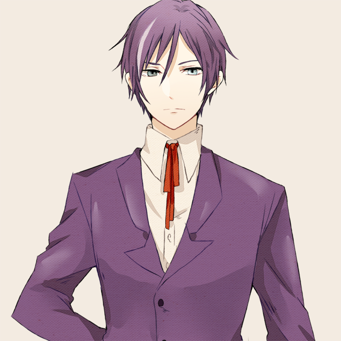 1boy, asagi444, beige_background, blue_eyes, gen'ei_ibunroku_sharp_fe, multicolored_hair, purple_hair, simple_background, solo, tsurugi_yashiro, two-tone_hair, white_hair