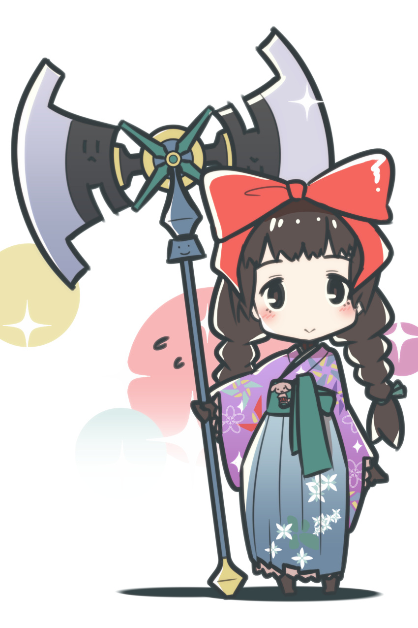 1girl, absurdres, aly_(eshikidori), axe, blush, bow, braid, brown_eyes