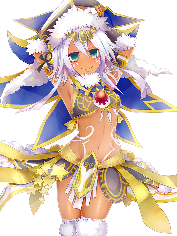 1girl, ankh, aqua_eyes, armpits, arms_up, bare_shoulders, bodypaint, breasts