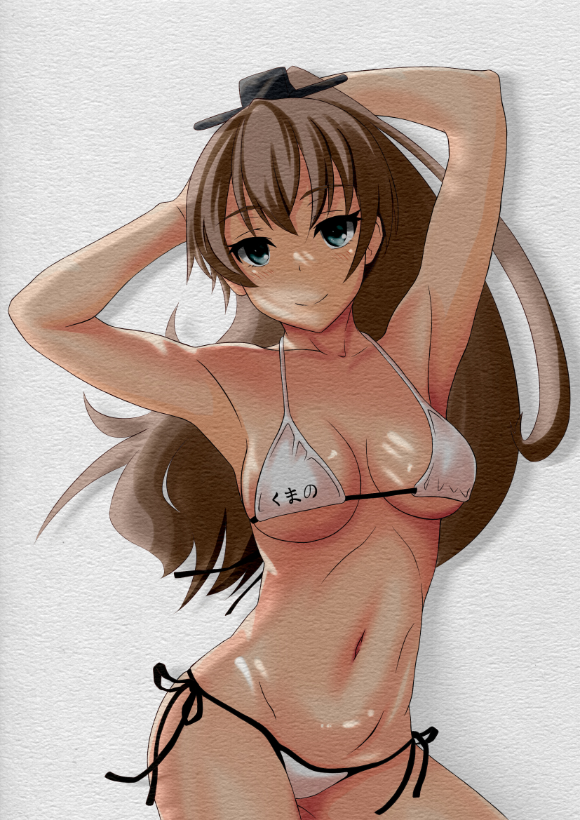 1girl, arms_up, blue_eyes, brown_hair, dong_zhi_qiong, kantai_collection, kumano_(kantai_collection), long_hair