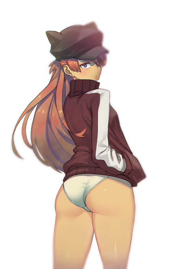 1girl, animal_hat, ass, blue_eyes, blurry, cat_hat, evangelion:_3.0_you_can_(not)_redo, eyepatch, gkfkqkch1, hands_in_pockets, hat, jacket, long_hair, looking_at_viewer, looking_back, neon_genesis_evangelion, orange_hair, panties, rebuild_of_evangelion, shikinami_asuka_langley, souryuu_asuka_langley, underwear, white_background, white_panties