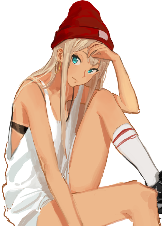 1girl, alessandra_susu, blonde_hair, blue_eyes, blush, bra, breasts, casual