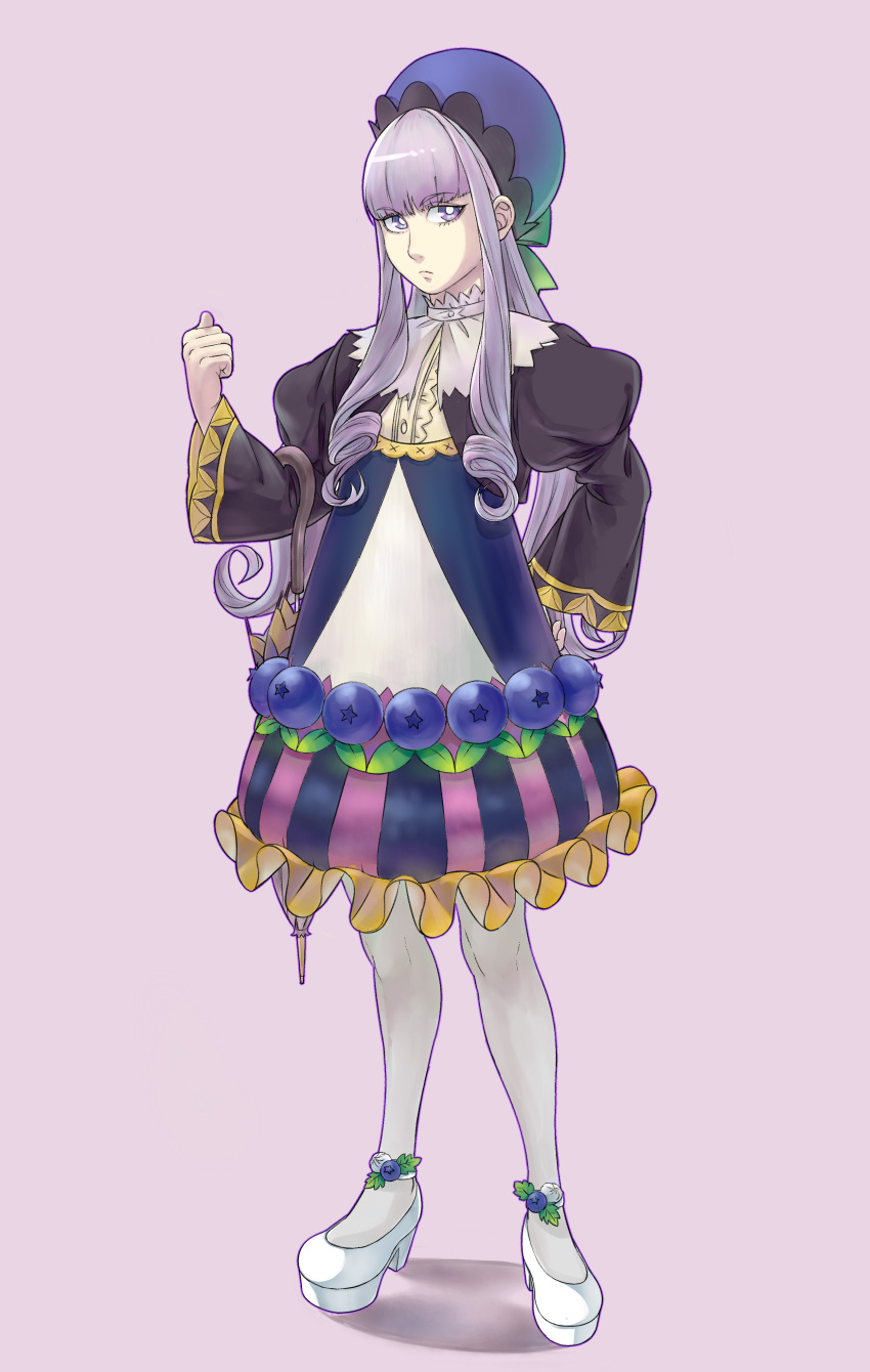 1girl, absurdres, blueberry, blueberry_tart, food, food_as_clothes, food_themed_clothes, fruit, full_body, hat, highres, long_hair, omotichan, original, personification, pocketland, purple_background, purple_hair, shoes, solo, standing, tagme, umbrella, violet_eyes, white_legwear, white_shoes