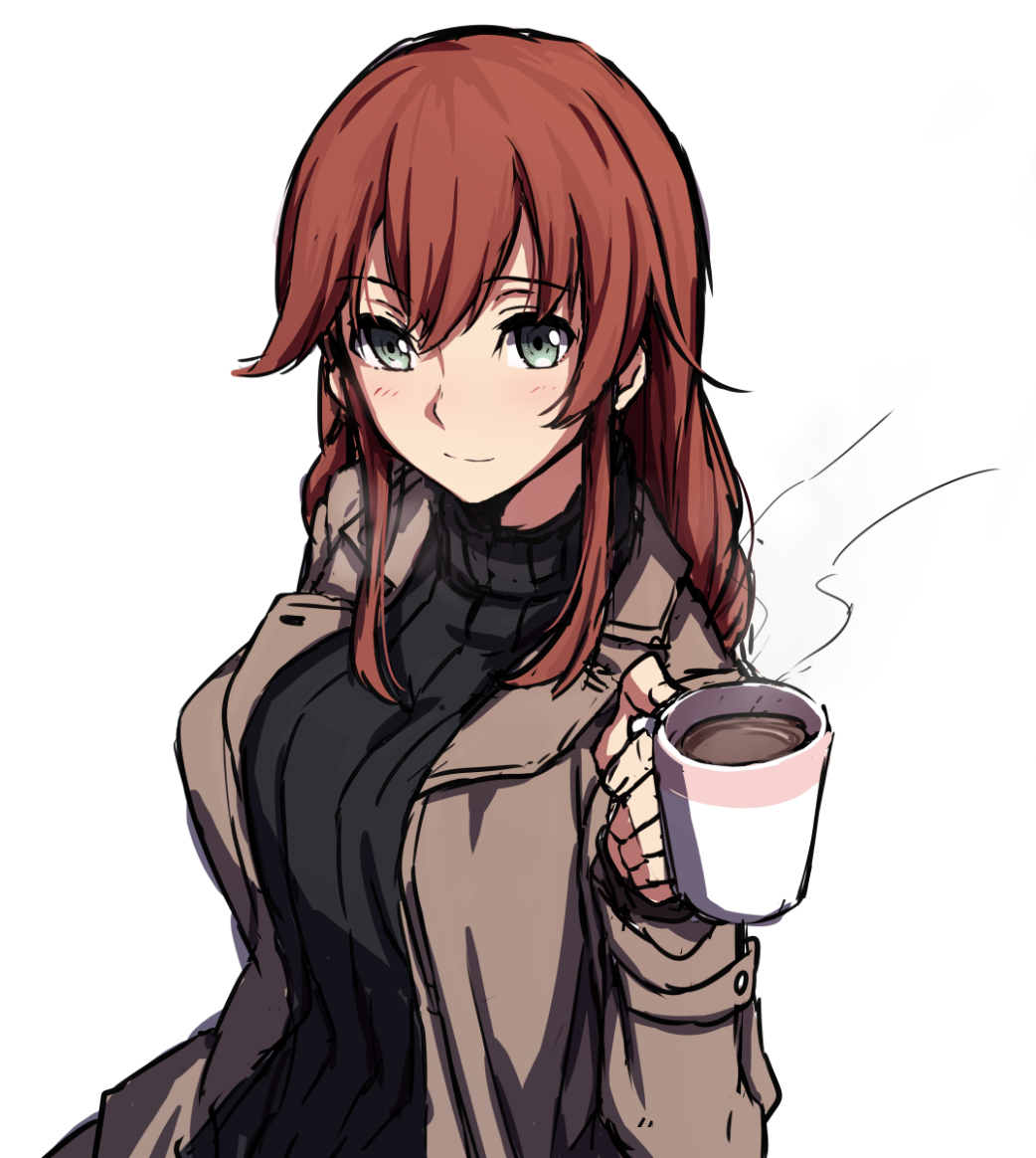 1girl, brown_hair, casual, coat, cup, green_eyes, kantai_collection, long_hair