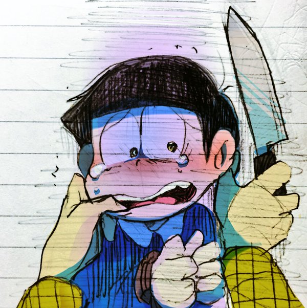 2boys, ankie, black_hair, bound, bound_wrists, child, knife, male_focus, matsuno_osomatsu, multiple_boys, osomatsu-kun, pov, scared, sketch, tears, tougou_(osomatsu-kun), upper_body, wing_collar