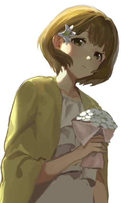1girl, bouquet, brown_hair, capelet, dress, flower, green_eyes, hair_flower