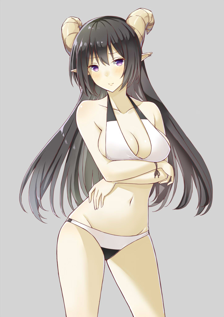 1girl, aemu_(august_life), bikini, black_hair, breast_hold, breasts, cleavage, horns