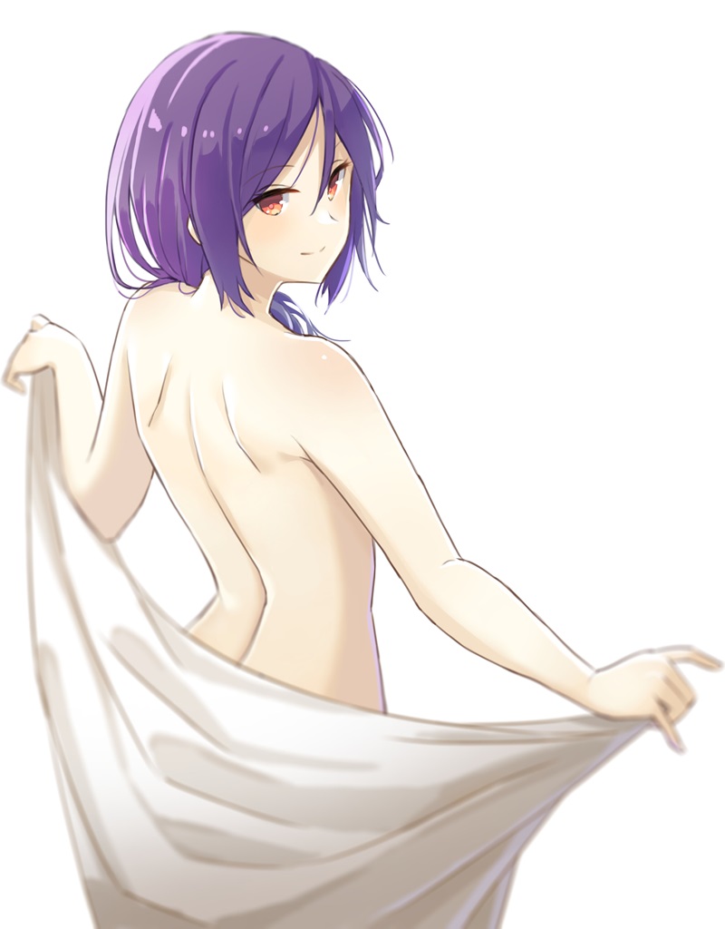 1girl, aemu_(august_life), back, looking_back, nude, orange_eyes, original, purple_hair