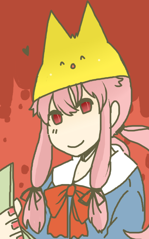 1girl, blood, blood_splatter, cellphone, gasai_yuno, hat, hat_with_ears, lord_prosciutto, mamaito, mirai_nikki, mogeko_castle, nail_polish, phone, pink_hair, red_eyes, school_uniform, slit_pupils, twintails, yellow_headwear