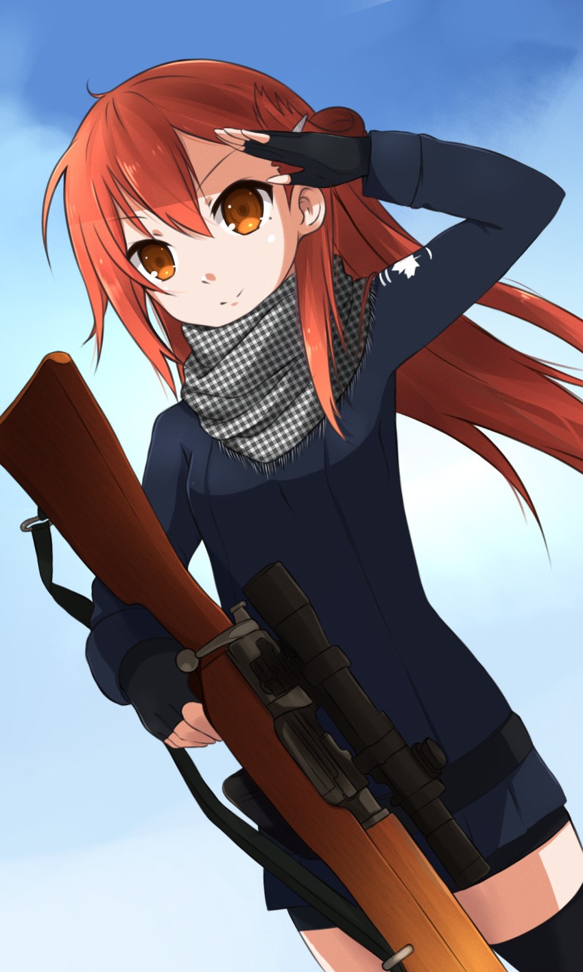 1girl, black_legwear, brown_hair, cowboy_shot, dutch_angle, fingerless_gloves, gloves, gun