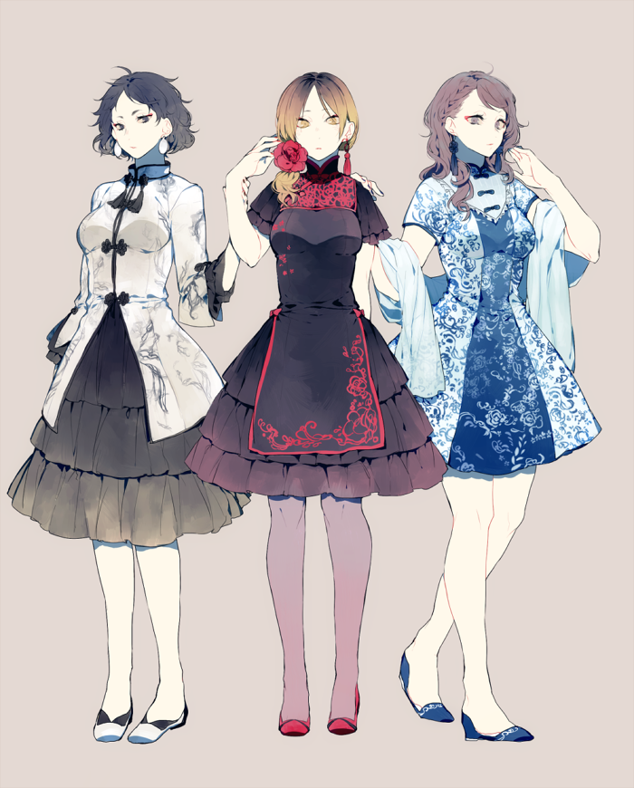 3girls, ahoge, akaashi_keiji, bangs, black_dress, black_hair, black_legwear, blonde_hair