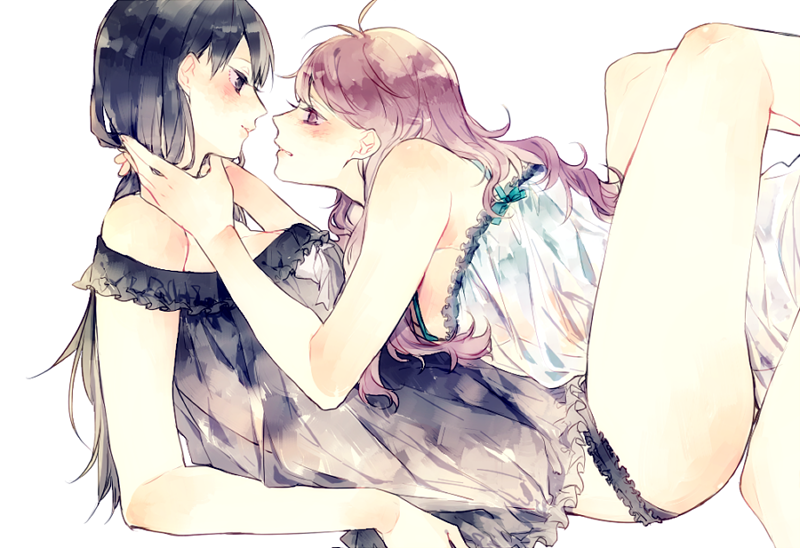 2girls, antenna_hair, babydoll, bangs, bare_shoulders, between_legs, black_hair, black_panties