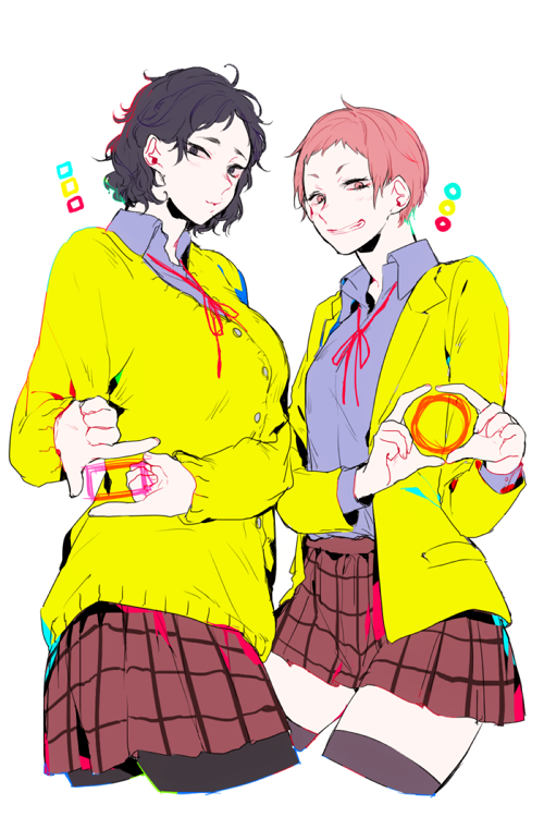 2girls, black_eyes, black_hair, black_legwear, blazer, blue_shirt, breasts, buttons, cardigan, circle, collared_shirt, cropped_legs, curly_hair, dress_shirt, finger_frame, genderswap, grin, haikyuu!!, haku_(tokuray), hanamaki_takahiro, large_breasts, long_sleeves, looking_at_viewer, matsukawa_issei, miniskirt, multiple_girls, open_blazer, open_clothes, pantyhose, plaid, plaid_skirt, red_eyes, red_skirt, redhead, school_uniform, shirt, simple_background, skirt, small_breasts, smile, thigh-highs, white_background