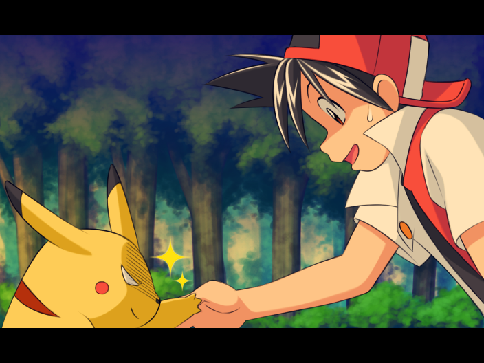1boy, baseball_cap, black_hair, forest, handshake, hat, letterboxed, nature