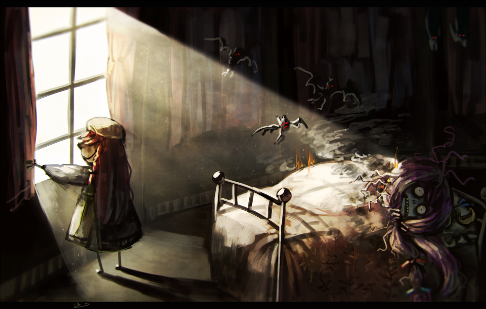 2girls, awake, bat, bed, bedroom, crescent, curtains, dress
