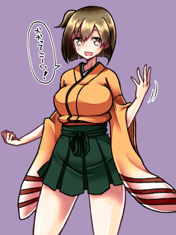 1girl, breasts, brown_hair, clenched_hand, green_skirt, hakama_skirt, hiryuu_(kantai_collection), japanese_clothes