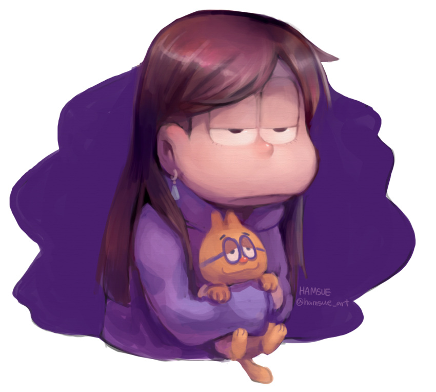 1girl, brown_hair, cat, earrings, esper_nyanko, glasses, hood, hoodie