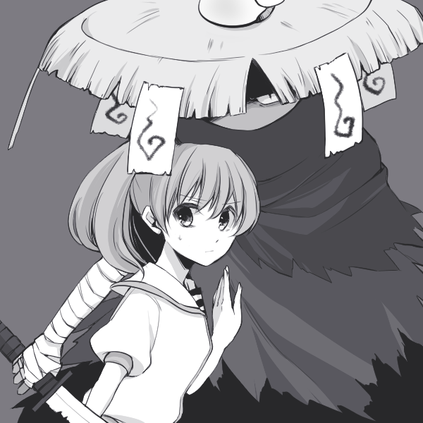 1boy, 1girl, bandages, height_difference, high_ponytail, katana, kiitos12, kodama_fumika