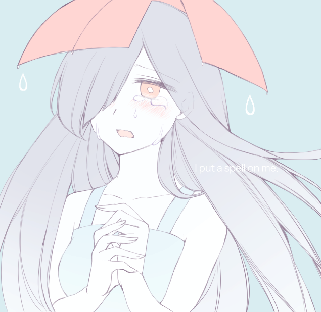 1girl, ameonna_(youkai_watch), blue_background, blush, engrish, hair_over_one_eye, hands_together, kiitos12