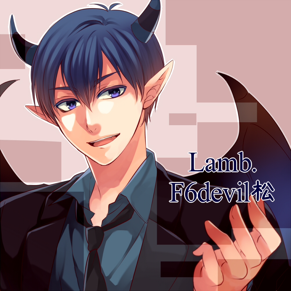 1boy, blue_eyes, blue_hair, demon_horns, demon_wings, f6, formal, horns, izumi_chiro, looking_to_the_side, male_focus, matsuno_karamatsu, necktie, osomatsu-kun, osomatsu-san, pointy_ears, smile, solo, suit, wings