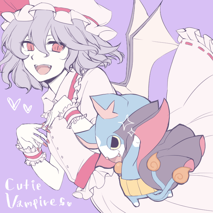 1girl, bat_wings, cape, cat, crossover, english, fang, fangs, fingernails, gabunyan, haramaki, hat, heart, kiitos12, long_fingernails, looking_back, mob_cap, multiple_tails, nail_polish, notched_ear, open_mouth, purple_background, purple_hair, red_nails, remilia_scarlet, short_hair, simple_background, sparkle, tail, touhou, trait_connection, two_tails, vampire, wings, youkai, youkai_watch