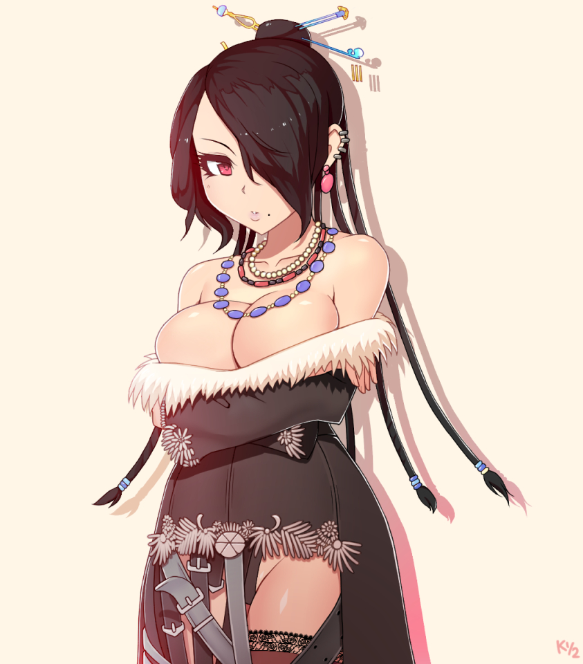 1girl, bare_shoulders, belt, black_hair, braid, breasts, cleavage, crossed_arms, final_fantasy, final_fantasy_x, hair_ornament, hair_over_one_eye, huge_breasts, jewelry, kuroonehalf, lulu_(ff10), makeup, mole, necklace, red_eyes, thigh-highs